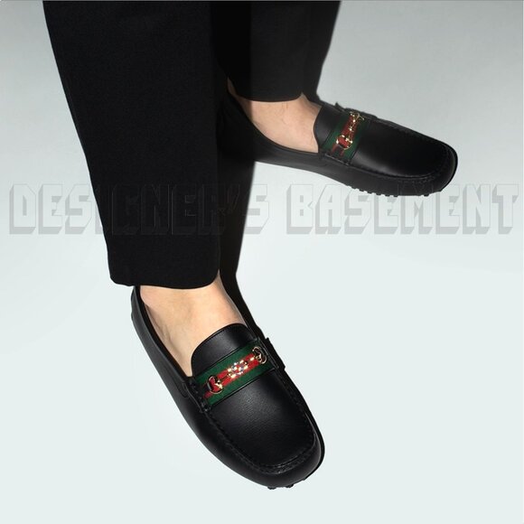 GUCCI mens 12.5 black AYRTON leather Horsebit DOUBLE G WEB Driver Moccasin shoes - Picture 10 of 12
